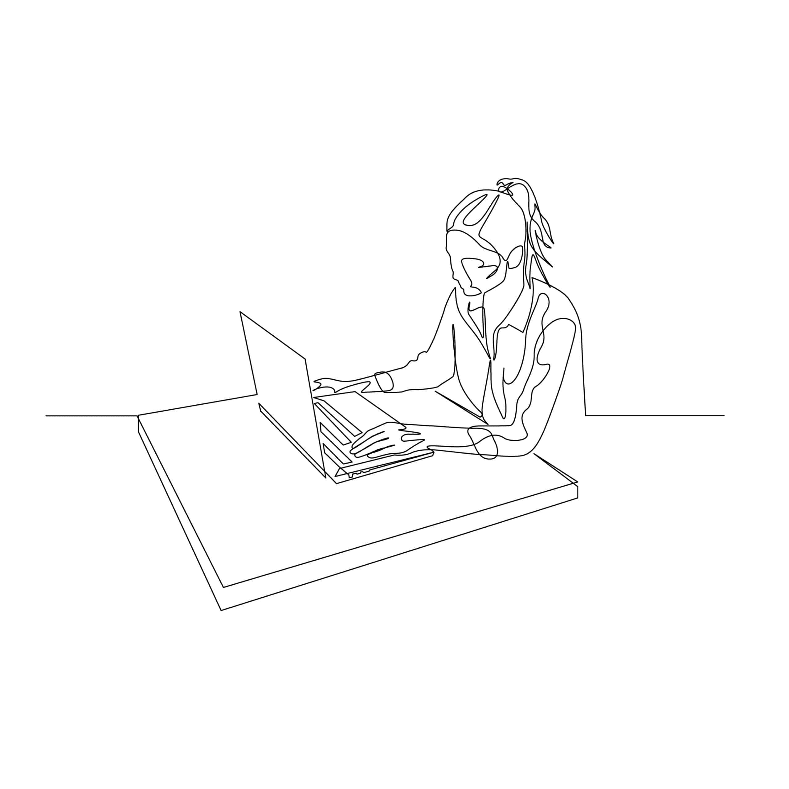 Line art of woman using laptop