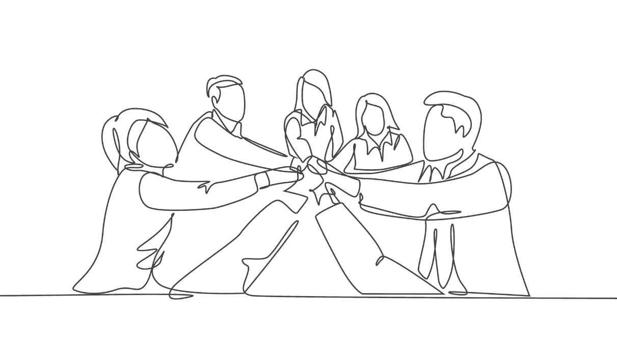 Line art graphic of people gathering hands as a team