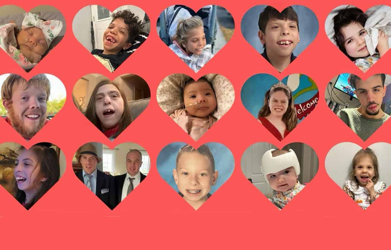 Children's faces in heart cut-outs.